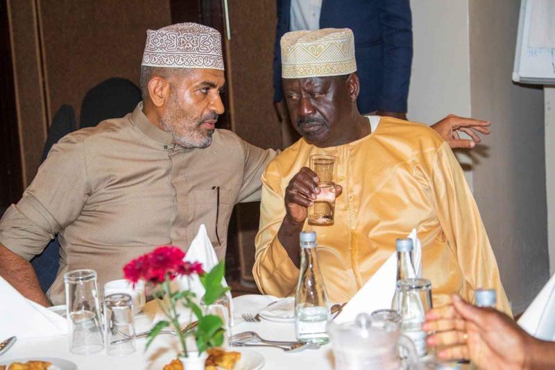 Raila Odinga having a chat with Governor Abdulswamad Sheriff Nassir.
